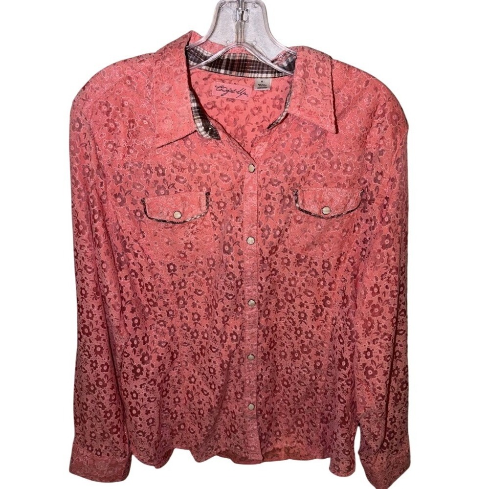 Cowgirl Up Womens XL Pink Burnout Floral Western Snap Front Plaid Trim Shirt